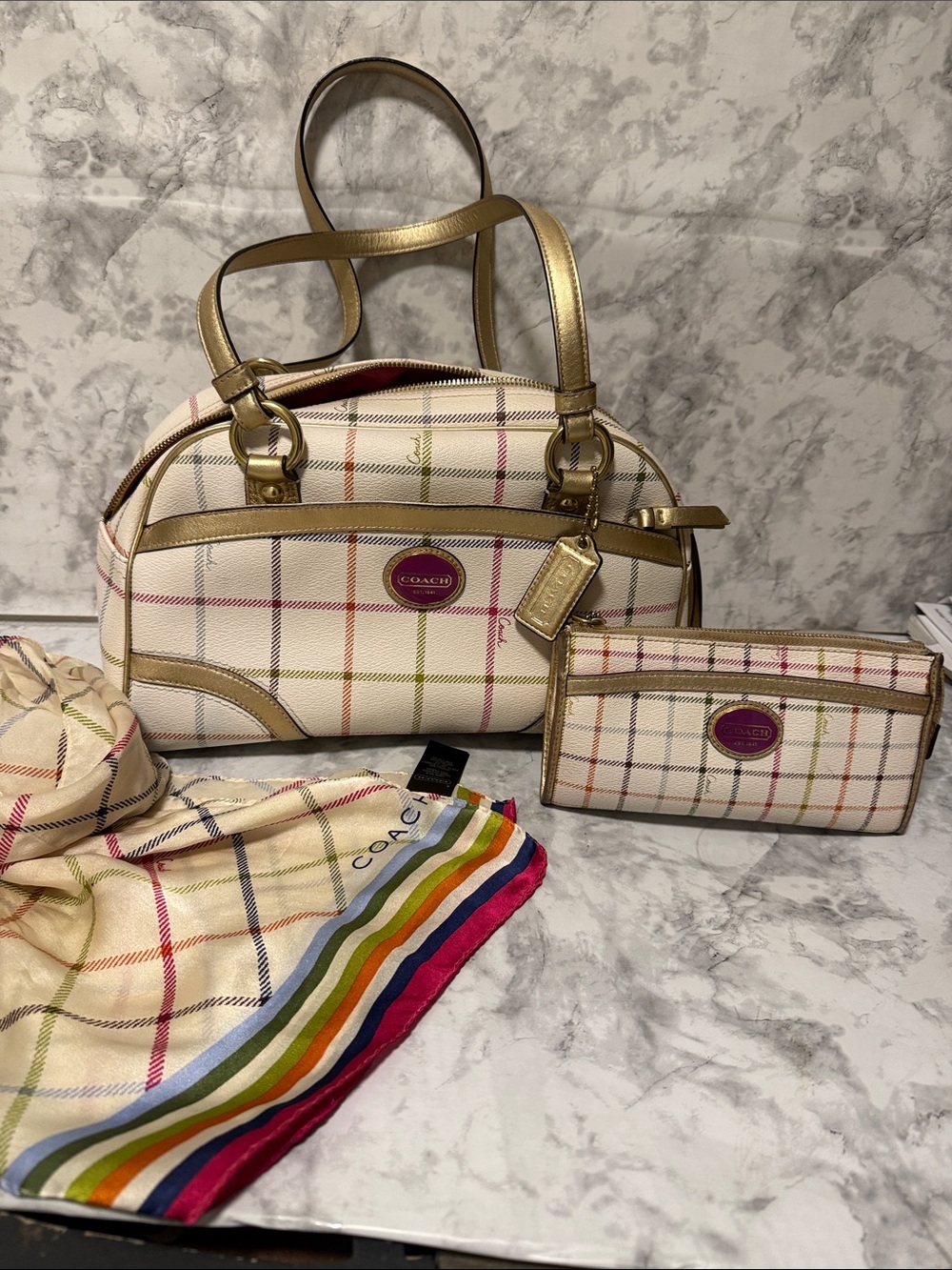Coach Peyton Tattersall Plaid Satchel with matching wallet and scarf bundle